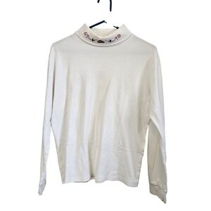 Partners Turtleneck Long Sleeve Top White Embroidered Cotton Size L